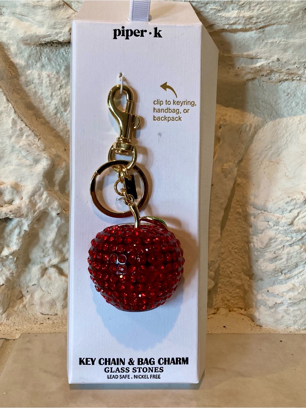 NWT Piper K red resin rhinestone embellished red apple bag charm and key chain